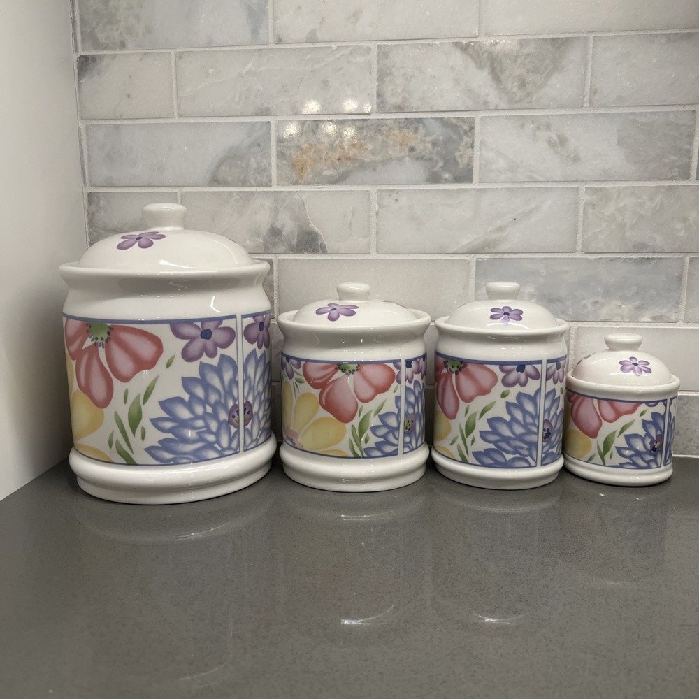 Tabletops Unlimited Garden Bouquet 4 Piece Floral Canister Set w/ Lids